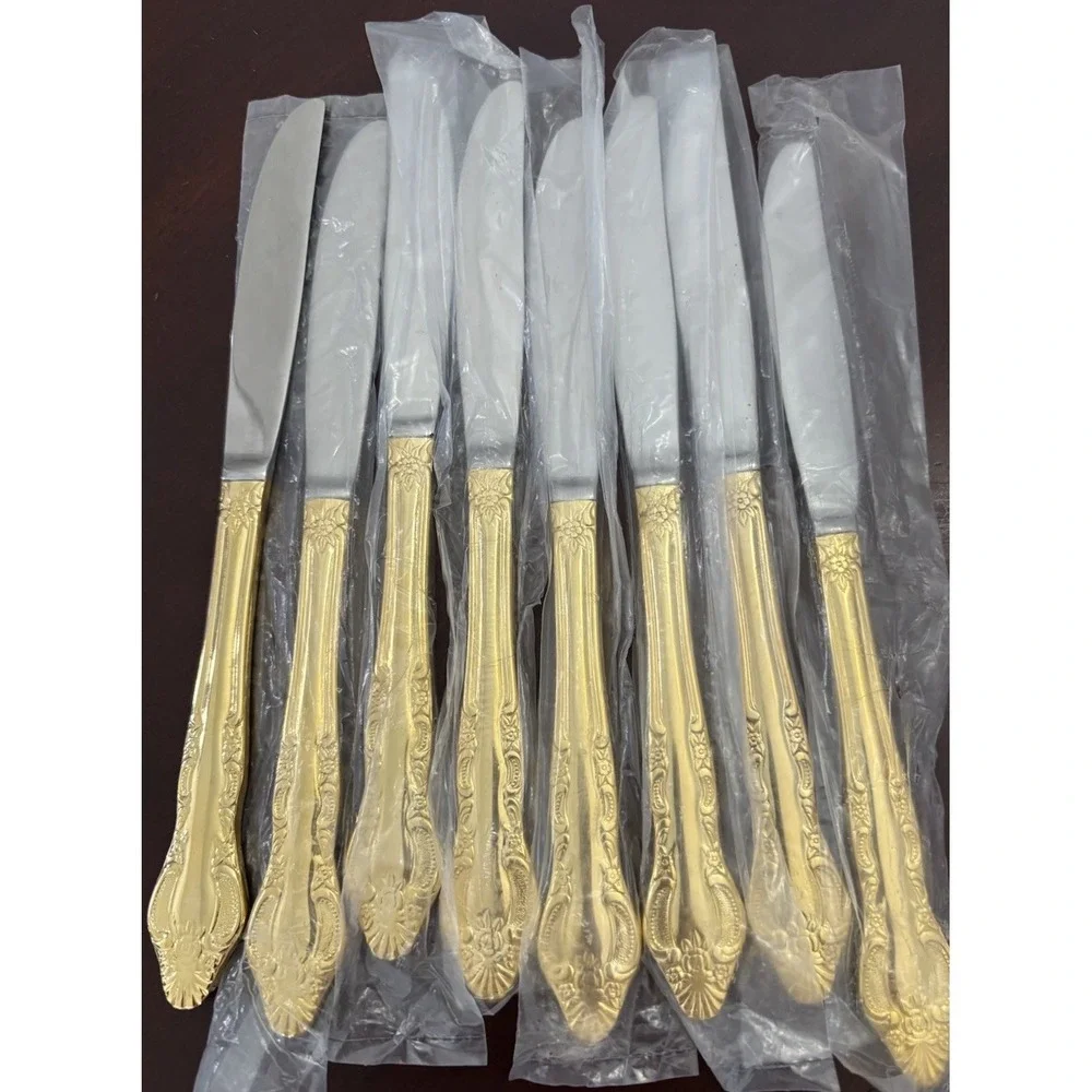 Gold Tone Flatware Set Service for 8 Stainless Korea Vintage Silverware 40 Pc